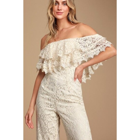 Lulus NWT waiting for forever cream Lace Off-The-Shoulder Jumpsuit Medium - Picture 2 of 8